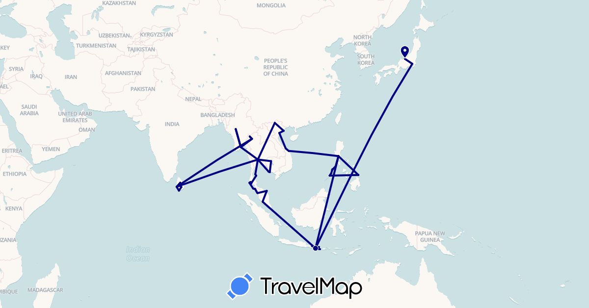 TravelMap itinerary: driving in Indonesia, Japan, Cambodia, Sri Lanka, Myanmar (Burma), Malaysia, Philippines, Thailand, Vietnam (Asia)